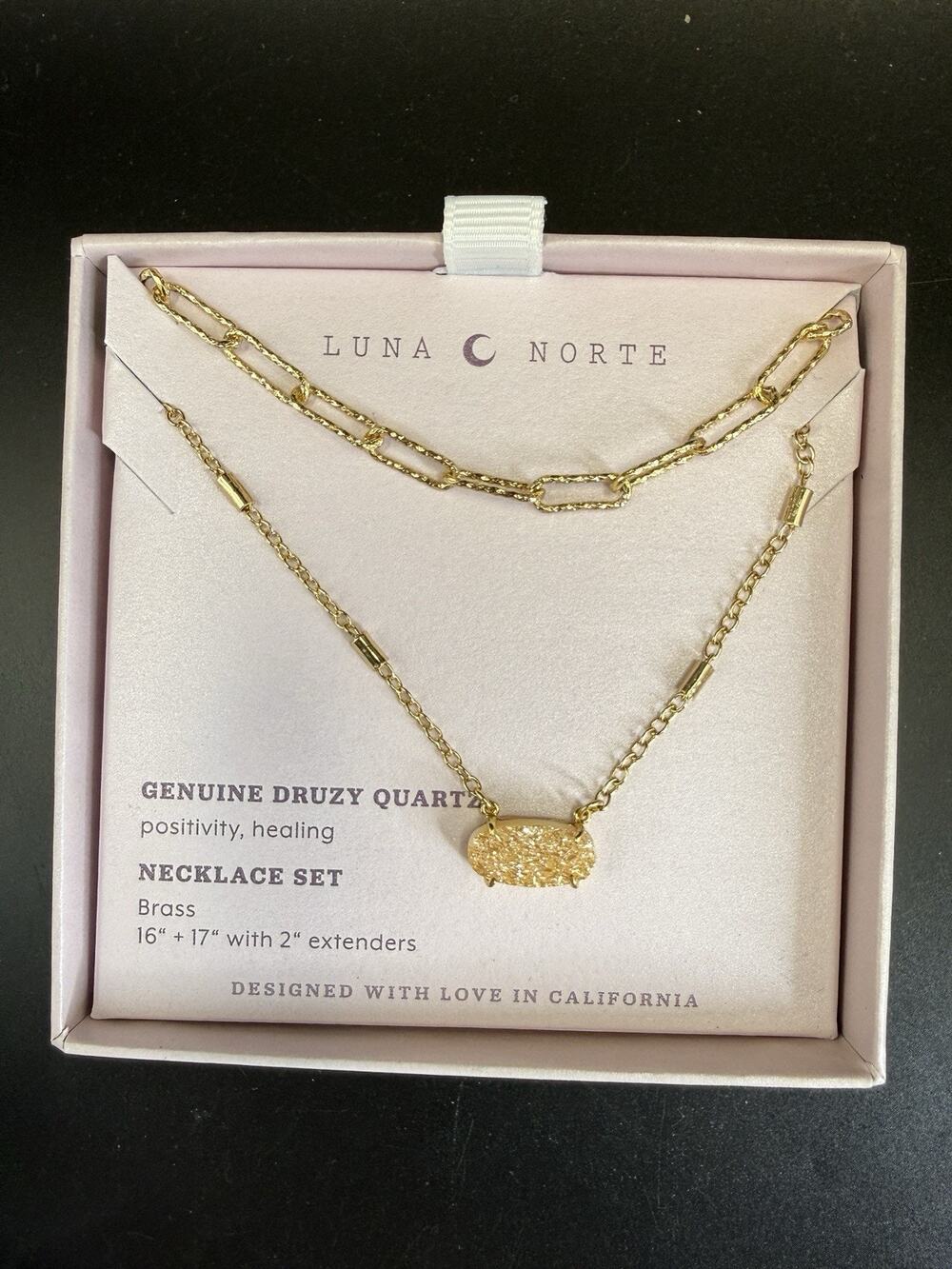 NIB Luna Norte Genuine Druzy Quartz Necklace Set Brass 16” 17” L + 2”